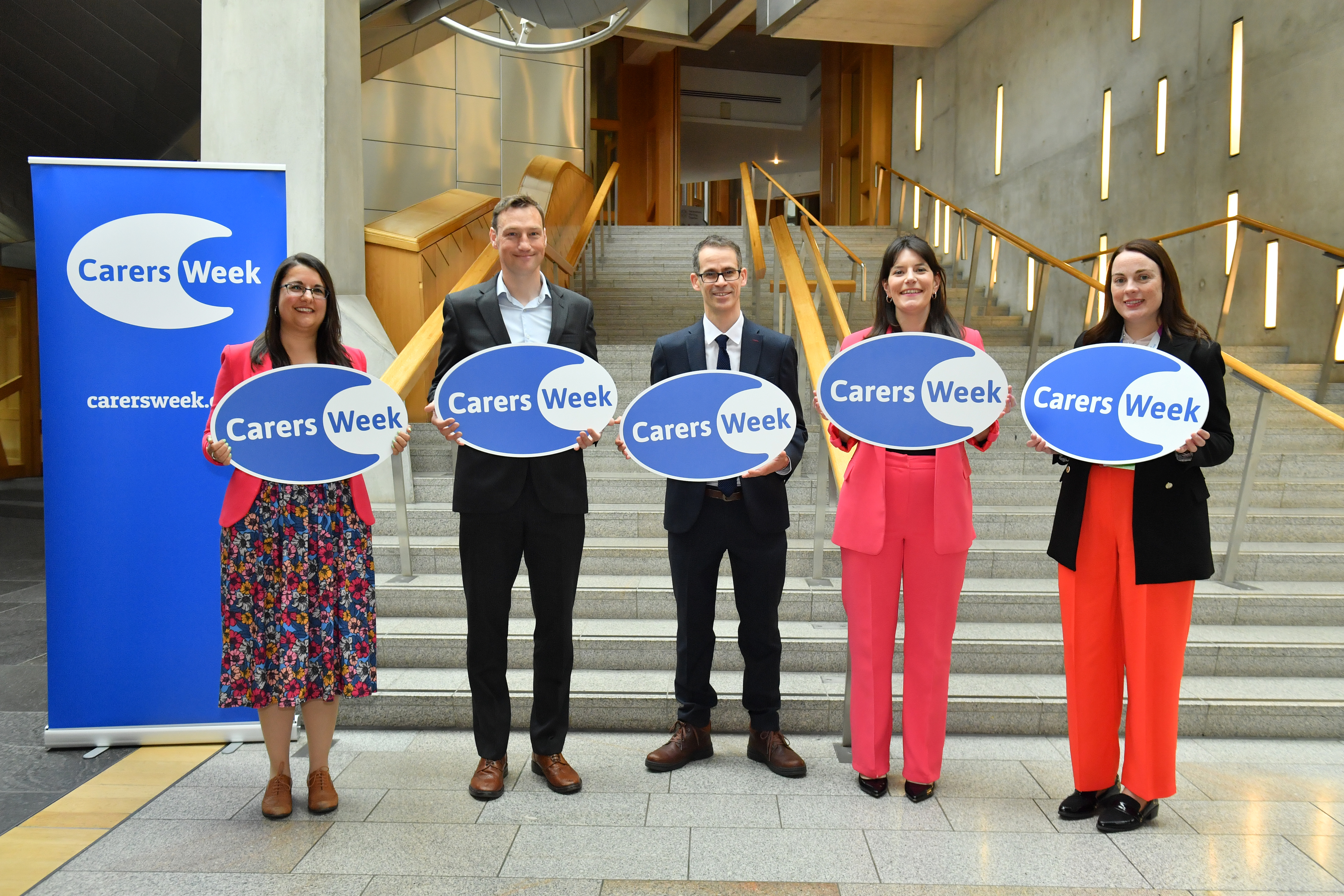 Carers Week organisations. (l-r: Kainde Manji, Age Scotland; Richard Meade, Carers Scotland; Jamie Livingstone, Oxfam Scotland; Becky Duff, Carers Trust Scotland; Colette McDiarmid, MND Scotland).